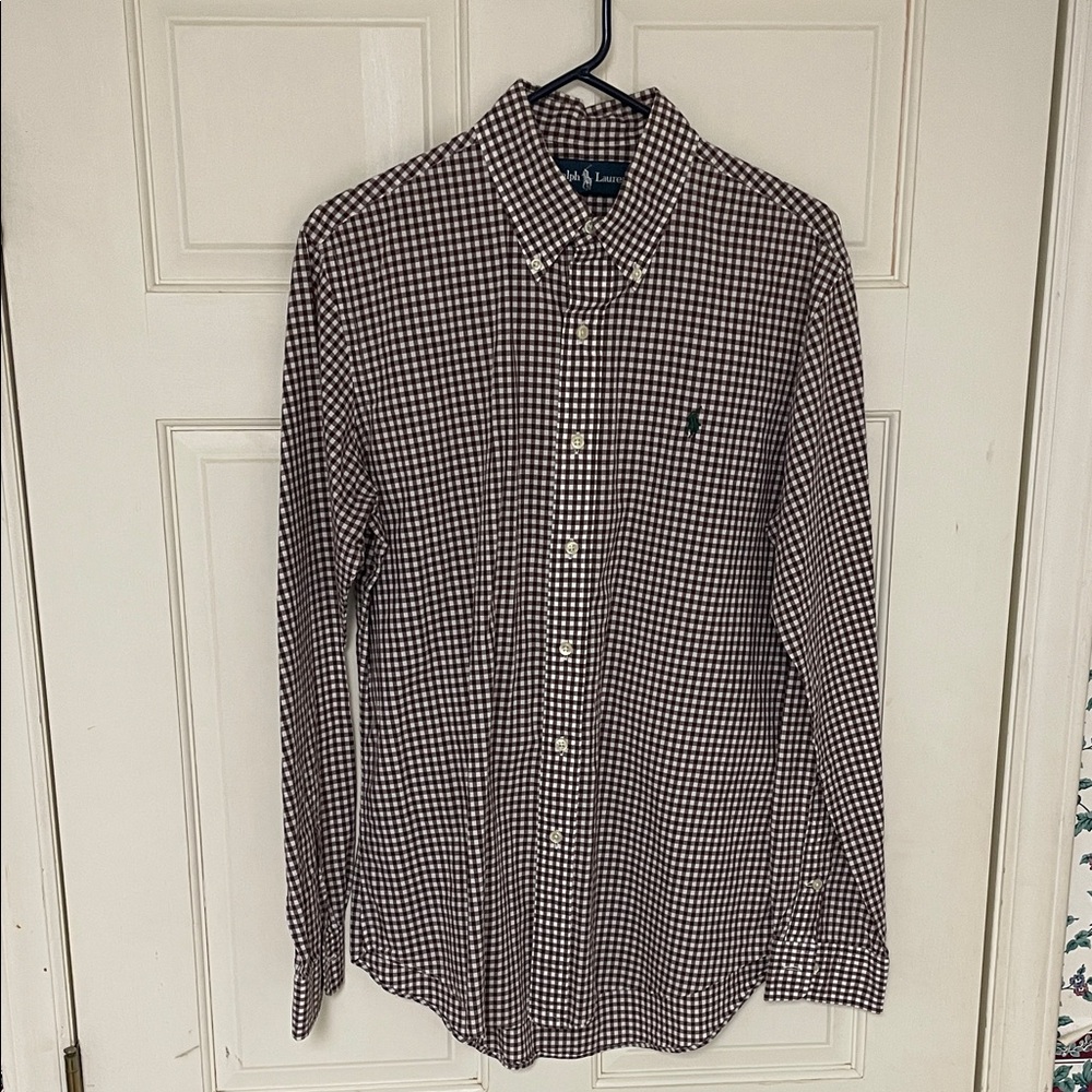 Ralph Lauren Men's Brown and White Checkered Shirt. Size medium.